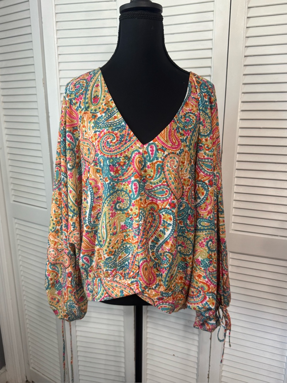 Umgee Teal Pink Gold Paisley V-Neck Boho Hippie Puff Tie Sleeves Blouse Large